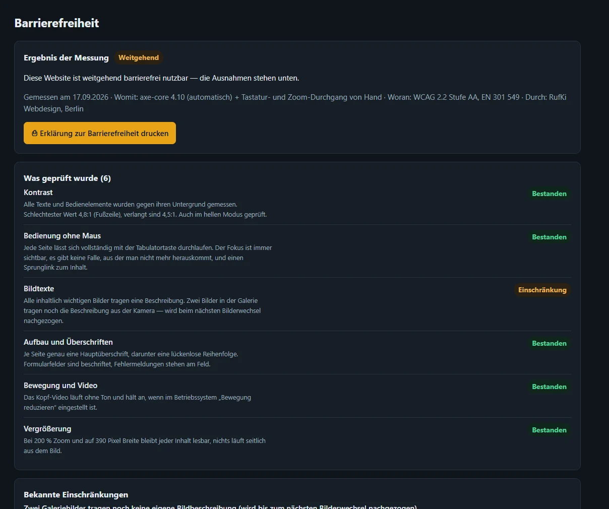 Barrierefreiheits-Bericht im Website-Manager: Ergebnis der Messung, sechs geprüfte Punkte, bekannte Einschränkungen