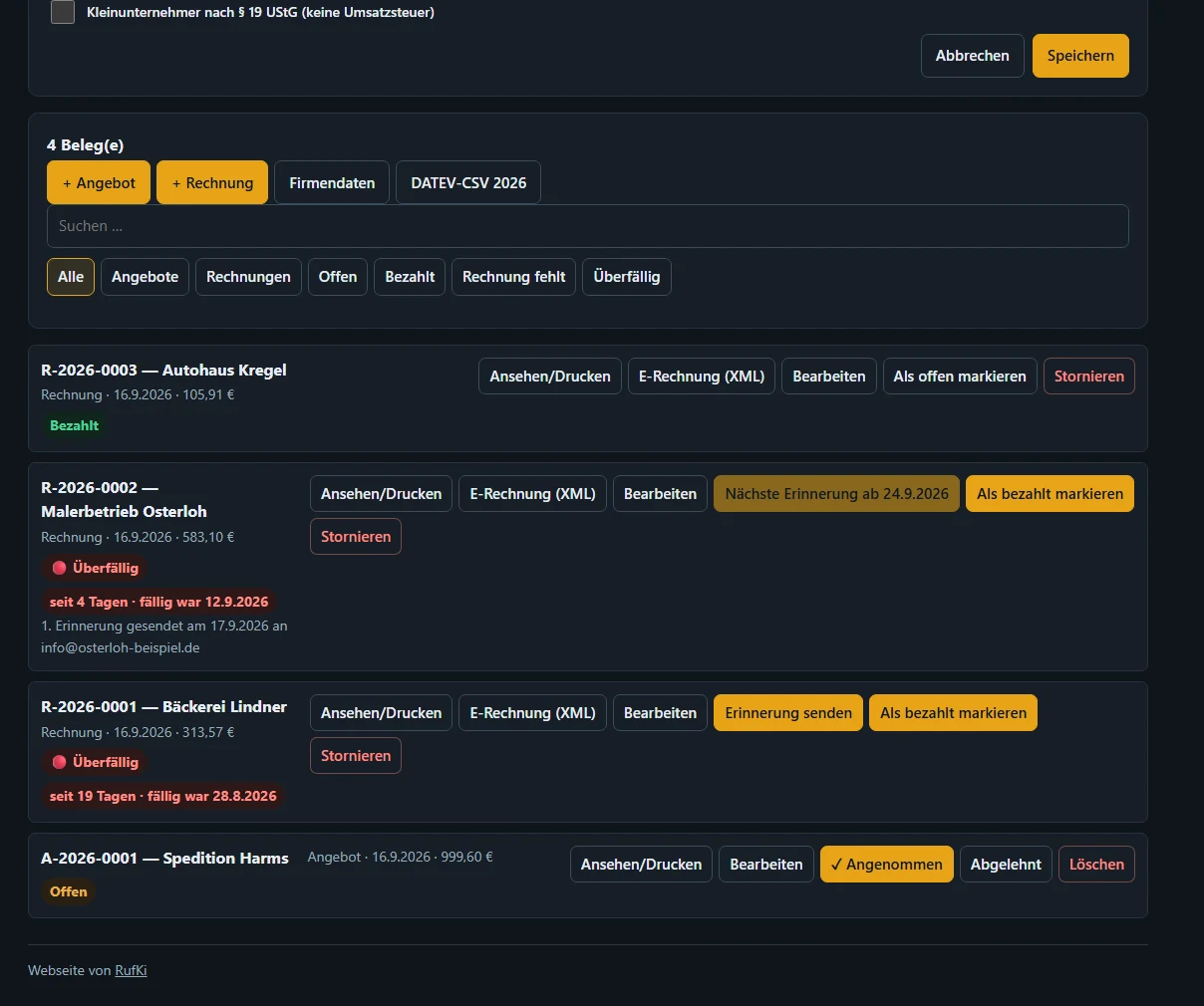 Website-Manager: Beleg-Liste mit angenommenem Angebot und bezahlter Rechnung