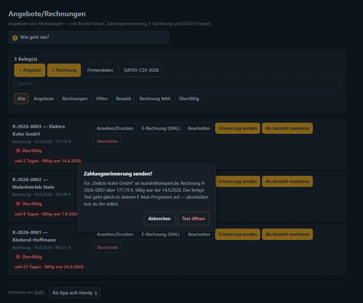 Website-Manager: Dialog „Zahlungserinnerung senden?“ mit fertigem Text