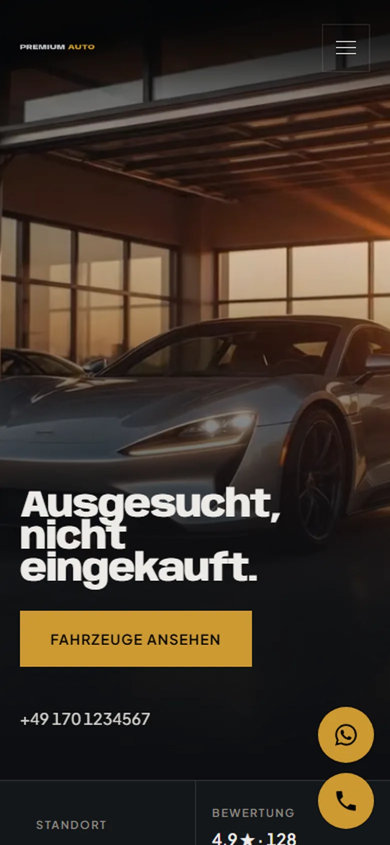 Dieselbe Autohaus-Website auf dem Handy: Kopfbild mit Fahrzeug, darunter die Fahrzeugliste